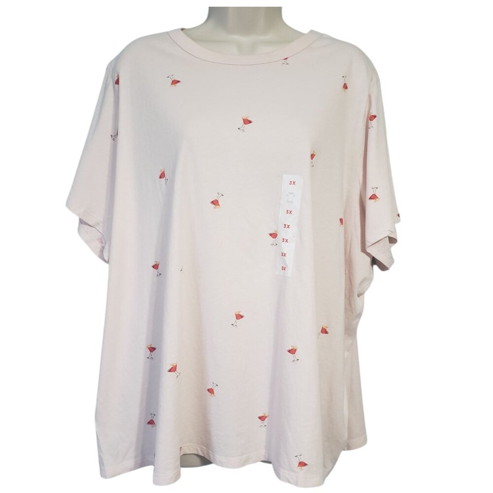 Pink Martini Glass Print Tee Women's 3X Oldy Navy Cotton Happy Hour Vacation Fun